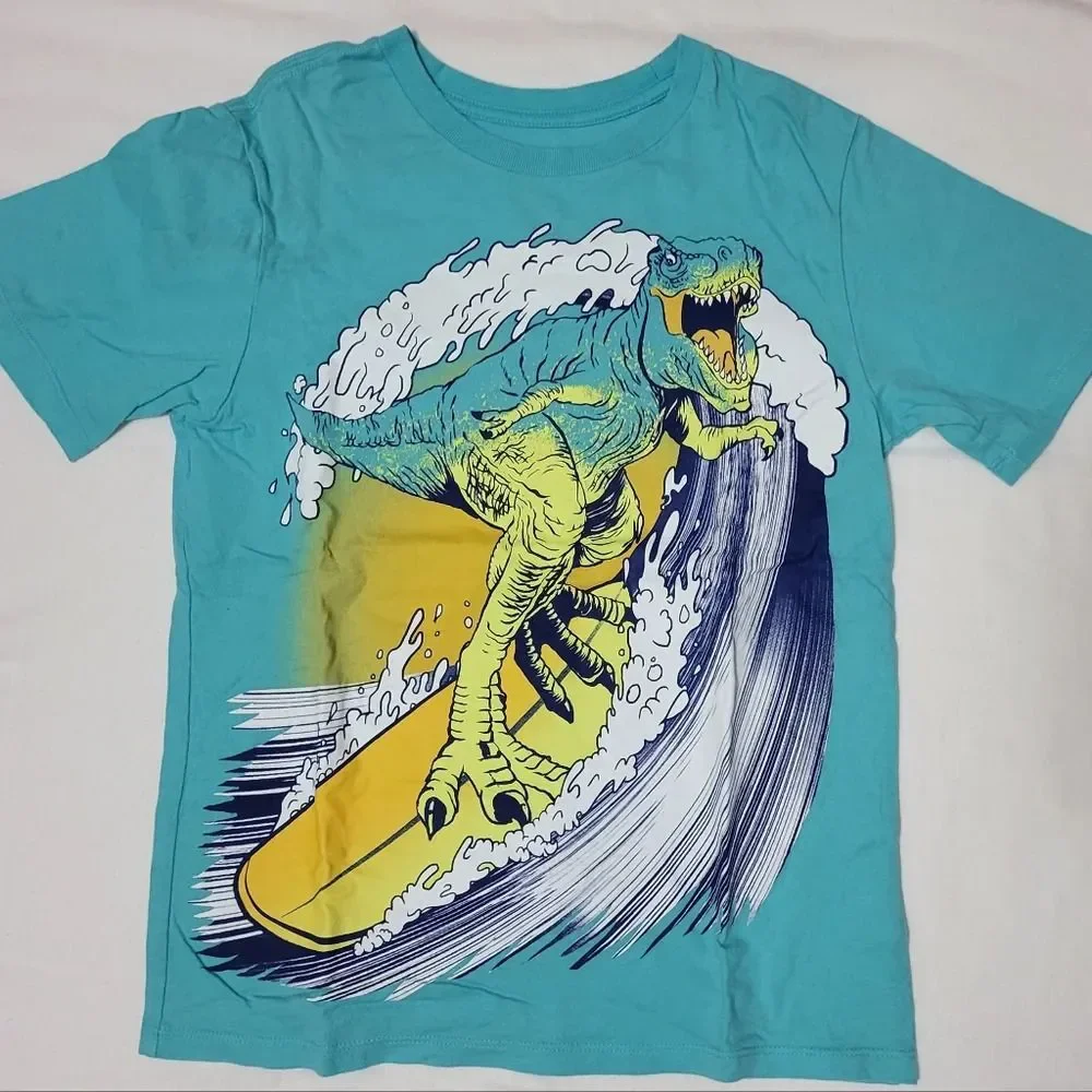 Children's‎ Place Boys Turquoise Surfing Dinosaur Graphic Short Sleeve Tee M 7-8